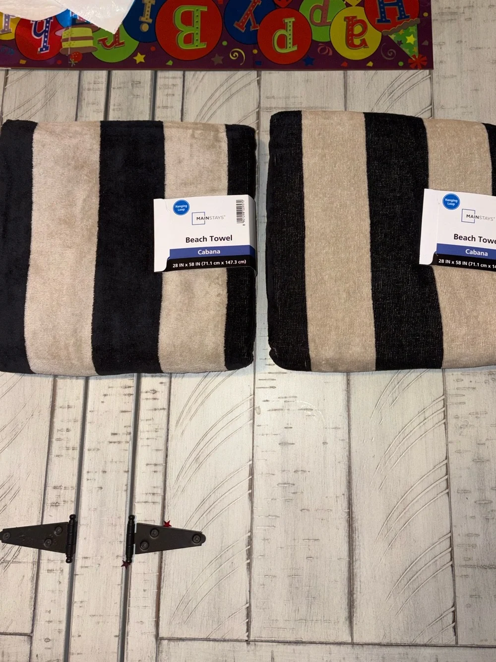 2-Mainstays Cabana Striped Cotton Beach Towel w/ Hanging Loop Black / Tan 28x58